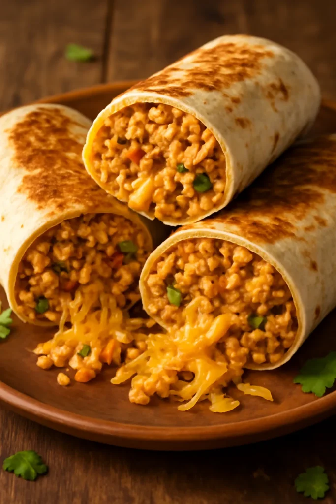 Cheesy Ground Chicken and Rice Burritos