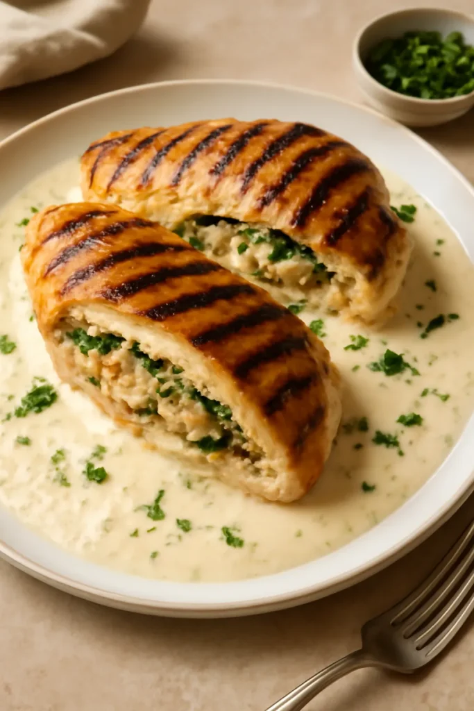 Grilled Stuffed Chicken Breast with Cream Sauce