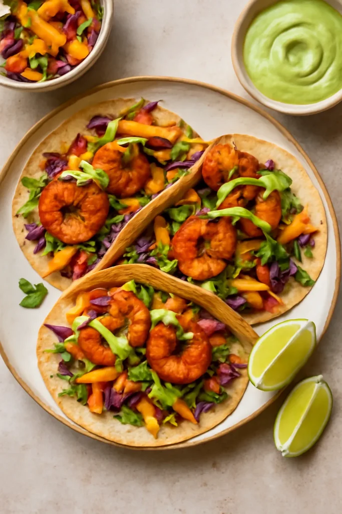 Spicy Shrimp Tacos with Mango Slaw And Avocado Crema